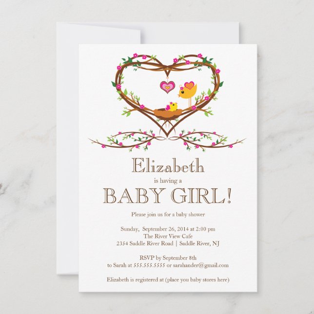 Modern Heart baby bird Girls Baby Shower Invitation (Front)