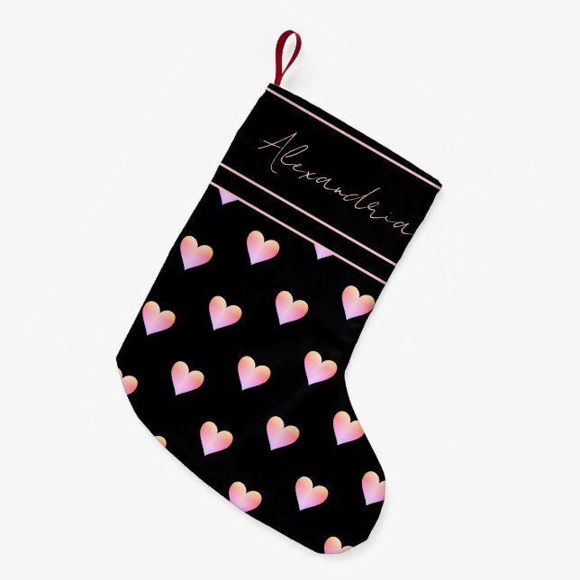 Modern Heart Black Pink Personalized Small Christmas Stocking (Front (Hanging))