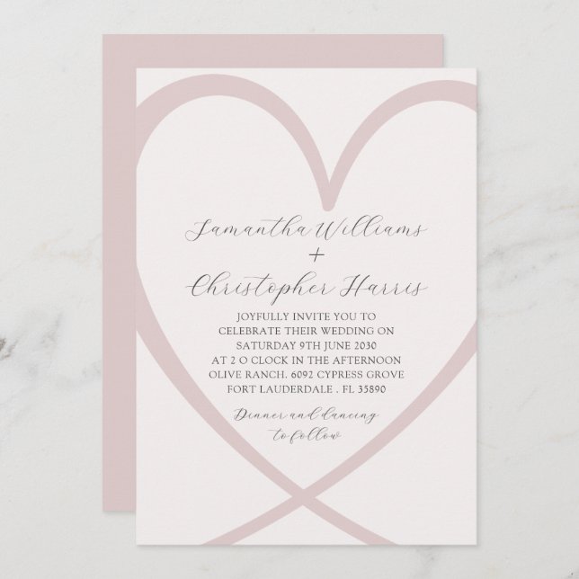 Modern Heart Blush Pink Wedding Invitation (Front/Back)