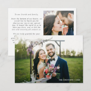 Modern Heart Calligraphy 2 Photo Wedding Thank You Card