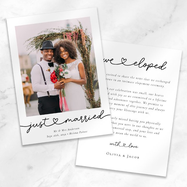Modern Heart Calligraphy Just Married Photo Announcement (Creator Uploaded)