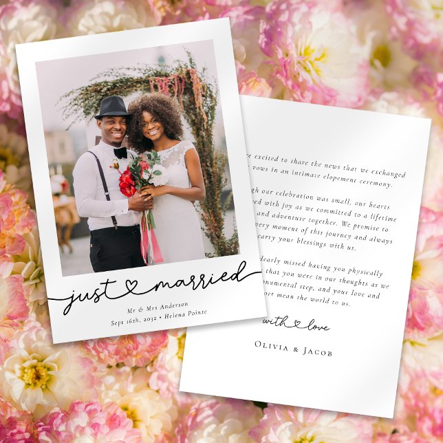 Modern Heart Calligraphy Just Married Photo Announcement (Creator Uploaded)