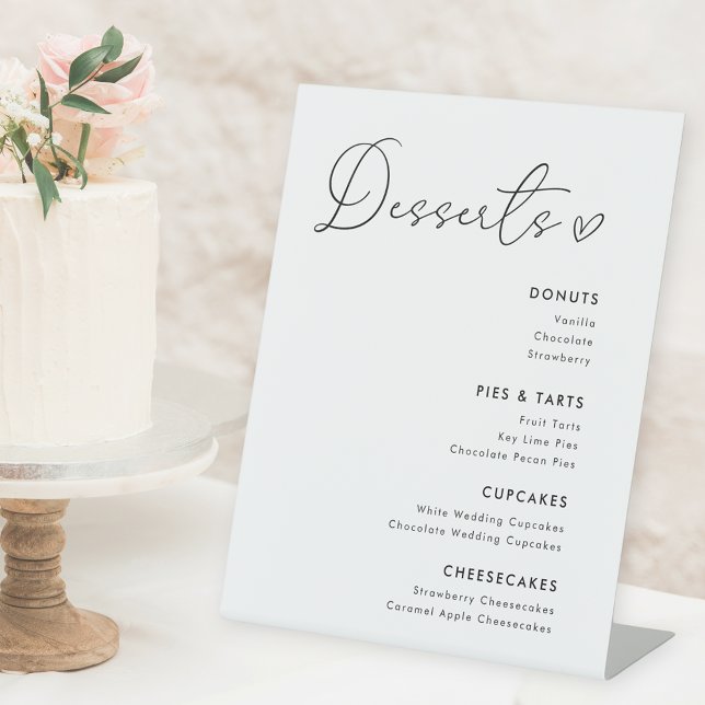 Modern Heart Calligraphy Wedding Desserts Menu Pedestal Sign (Creator Uploaded)