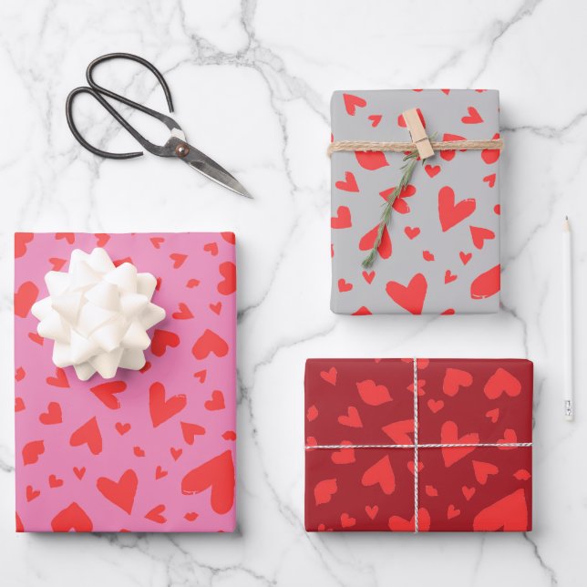 Modern Heart Confetti Valentines Trio Wrapping Paper Sheet (Front)
