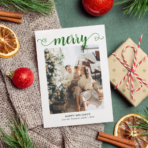 Modern Heart Green Merry Script Photo Christmas Holiday Card