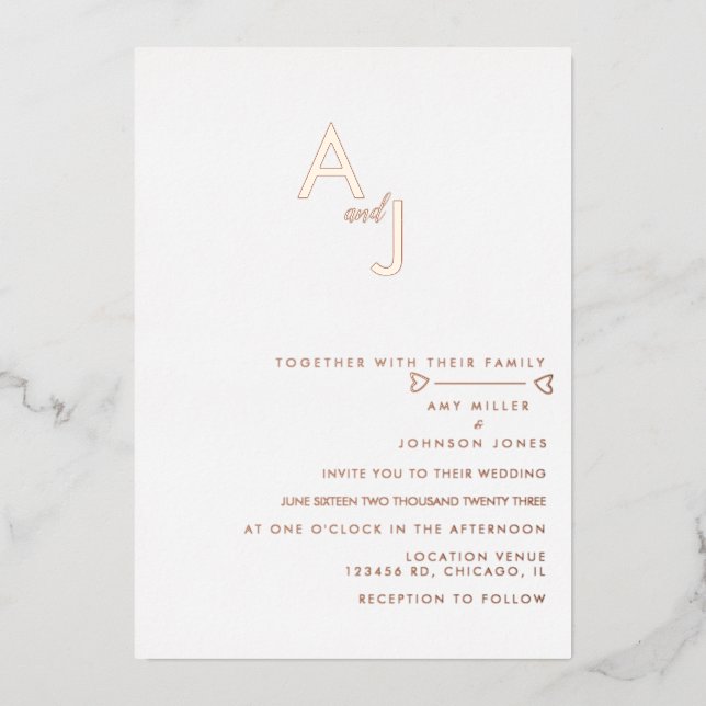 Modern Heart Line Wedding Pressed Foil Invitation (Front)