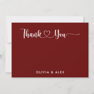 Modern Heart Maroon Script Personalised Wedding  Thank You Card