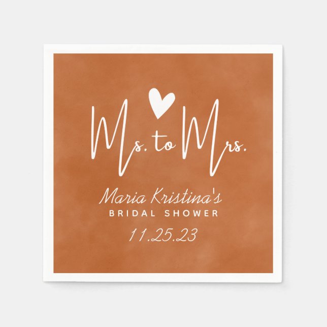 Modern Heart Ms to Mrs Bridal Shower Terracotta Napkin (Front)
