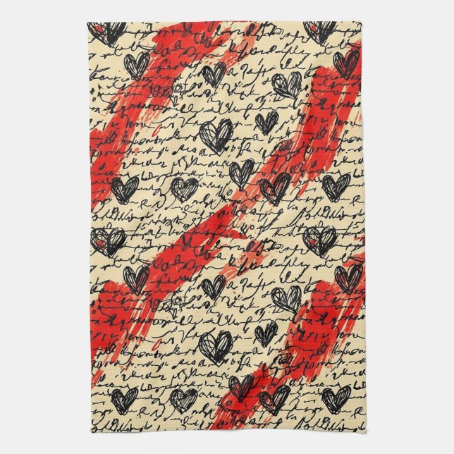 Modern Heart Pattern with Script Background (10) Tea Towel (Vertical)