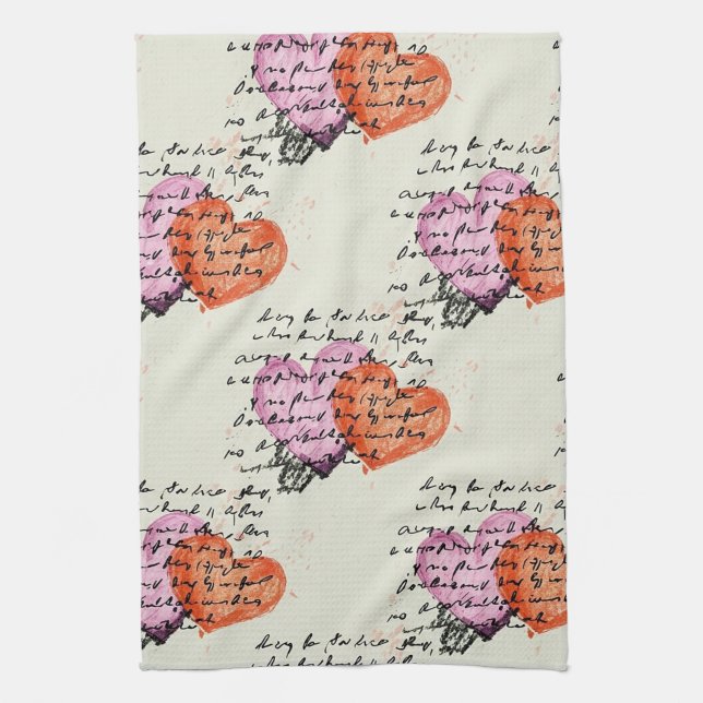 Modern Heart Pattern with Script Background (12) Tea Towel (Vertical)