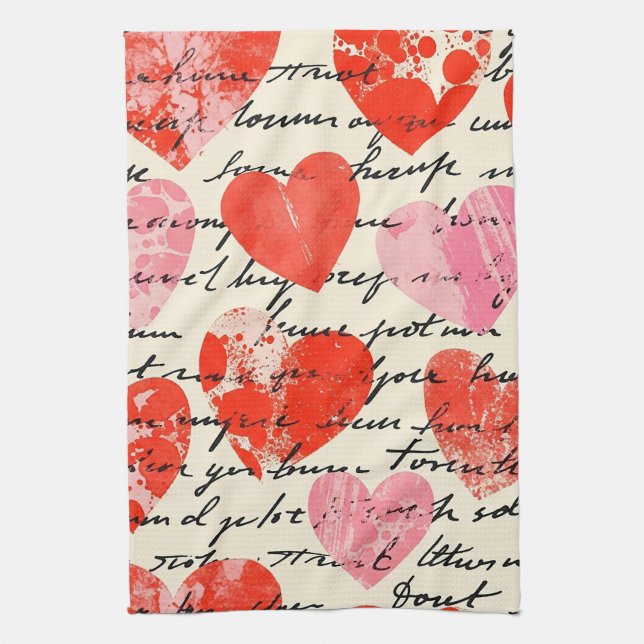 Modern Heart Pattern with Script Background (13) Tea Towel (Vertical)