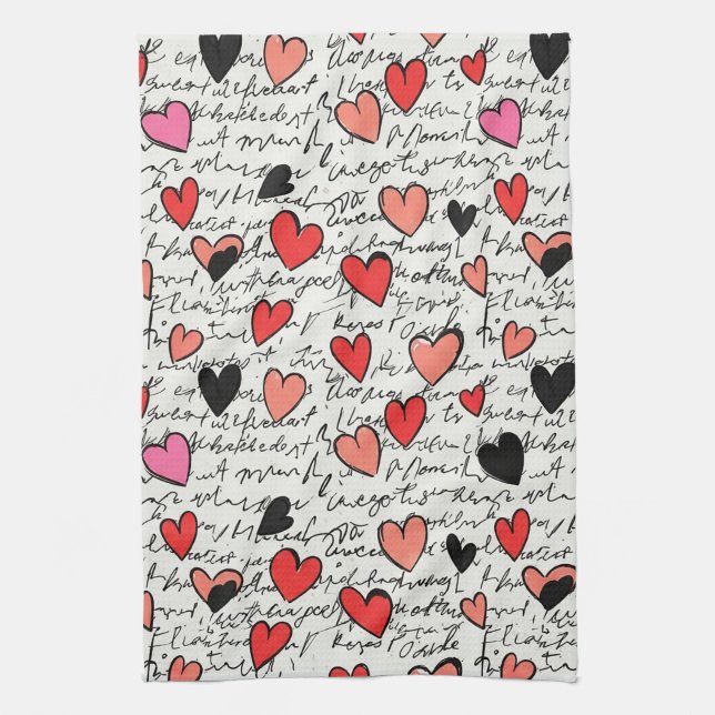 Modern Heart Pattern with Script Background (15) Tea Towel (Vertical)
