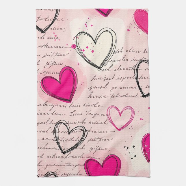 Modern Heart Pattern with Script Background (18) Tea Towel (Vertical)