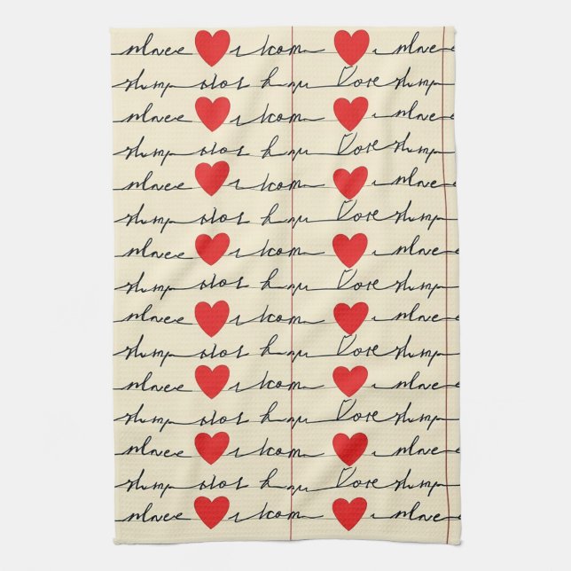 Modern Heart Pattern with Script Background (20) Tea Towel (Vertical)
