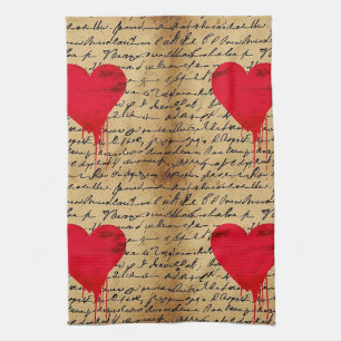 Modern Heart Pattern with Script Background (3) Tea Towel