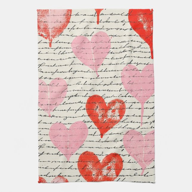 Modern Heart Pattern with Script Background (7) Tea Towel (Vertical)