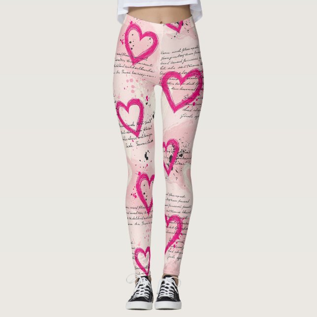 Modern Heart Pattern with Script Background (8) Leggings (Front)