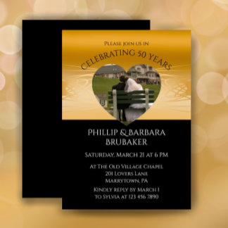 Modern Heart Photo Golden 50th Wedding Anniversary Invitation