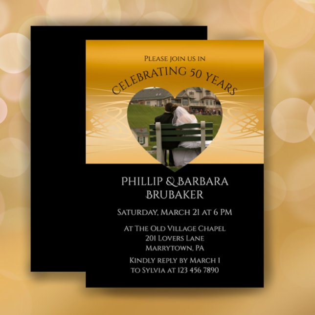 Modern Heart Photo Golden 50th Wedding Anniversary Invitation (Customize this elegant 50th wedding anniversary party invitation with photo heart gold and black.
)