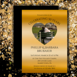 Modern Heart Photo Golden 50th Wedding Anniversary Invitation