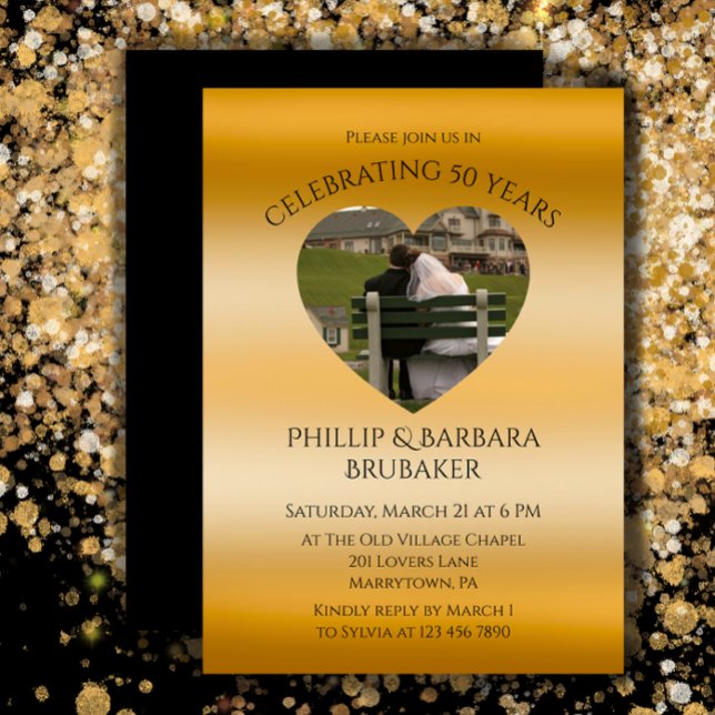 Modern Heart Photo Golden 50th Wedding Anniversary Invitation (Add a photo and couple’s names for an elegant golden 50th wedding anniversary party invitation. )