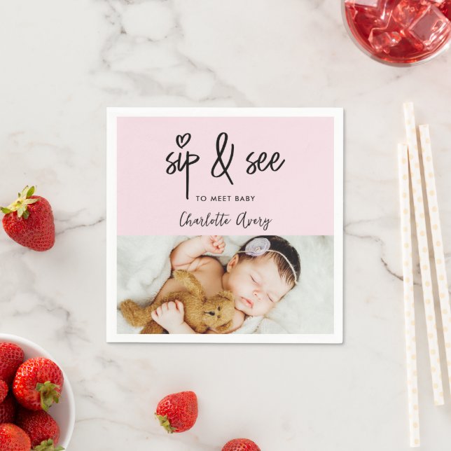 Modern heart Pink Sip & See Custom Baby Girl Photo Napkin (Insitu)
