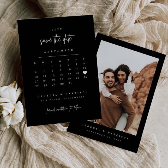 Modern Heart Save The Date Calendar Photo Card (Creator Uploaded)