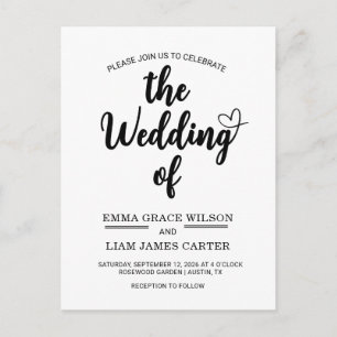Modern Heart Script Black and White Wedding Postcard