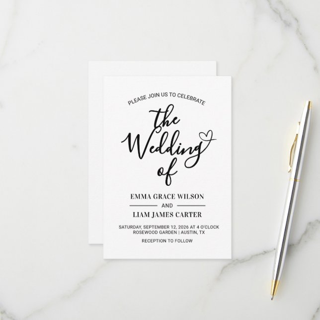 Modern Heart Script Black and White Wedding RSVP Card (Front/Back In Situ)