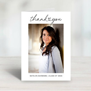 Modern Heart Script Custom Graduation Photo Thank You Card