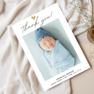 Modern Heart  Script Custom Newborn Baby Photo  Thank You Card