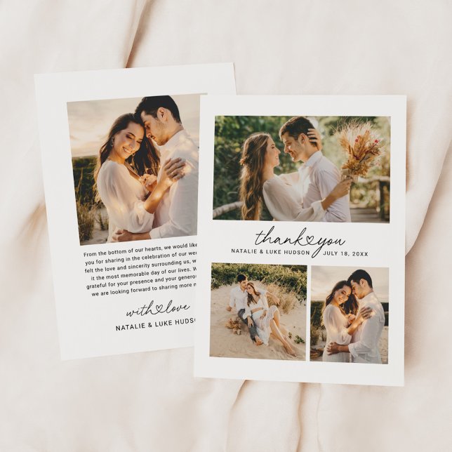 Modern Heart Script Wedding Photo Collage Thank You Card (Creator Uploaded)