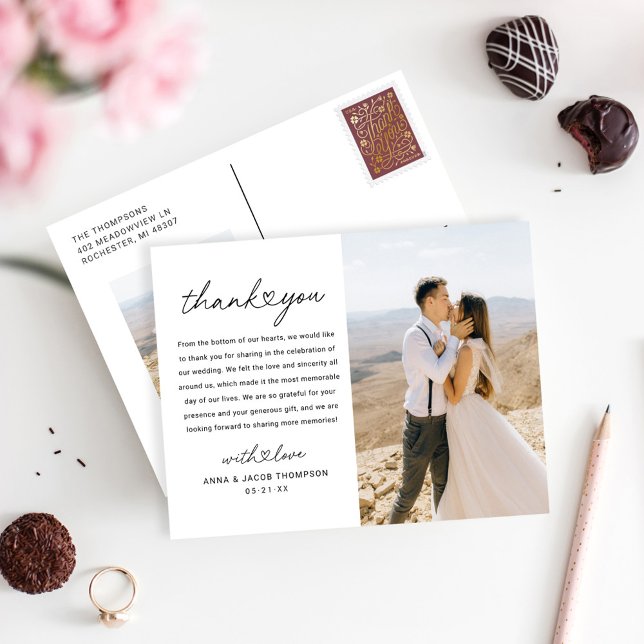 Modern Heart Script Wedding Photo Thank You Postcard (Creator Uploaded)
