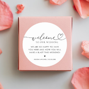 Modern Heart Script Wedding Welcome Hotel Gift Bag Classic Round Sticker