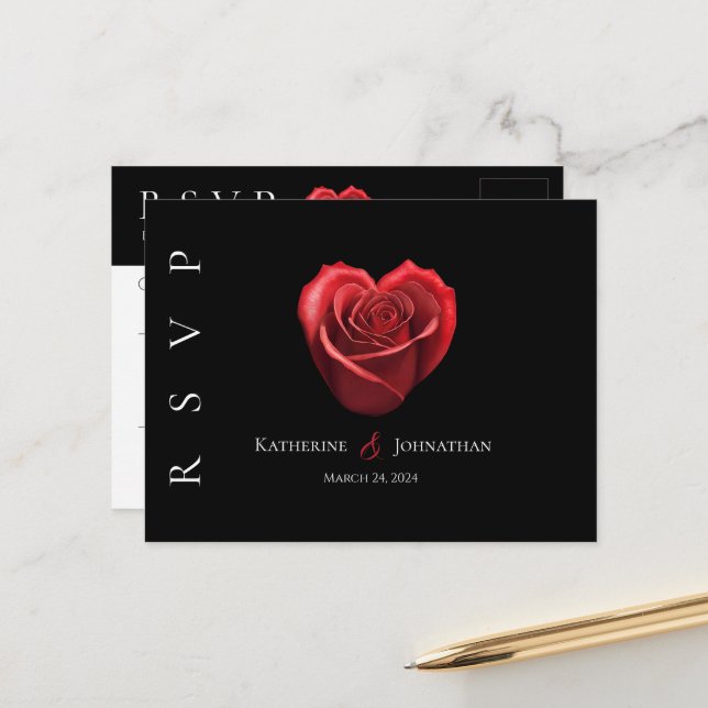 Modern Heart Shaped Red Rose-RSVP-Wedding- Postcard (Front/Back In Situ)
