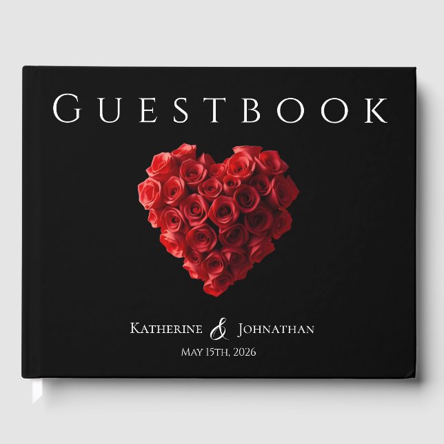 Modern Heart Shaped Red Roses Wedding Guest Book (Front)
