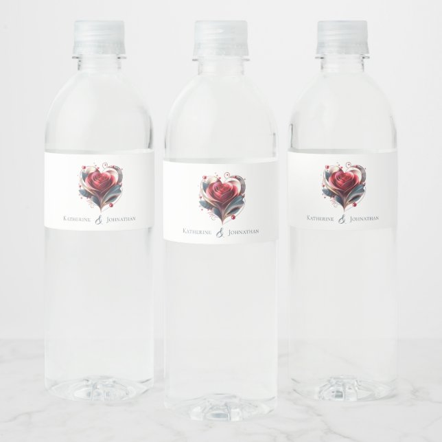 Modern Heart Shaped Rose-Wedding- Water Bottle Label (Bottles)