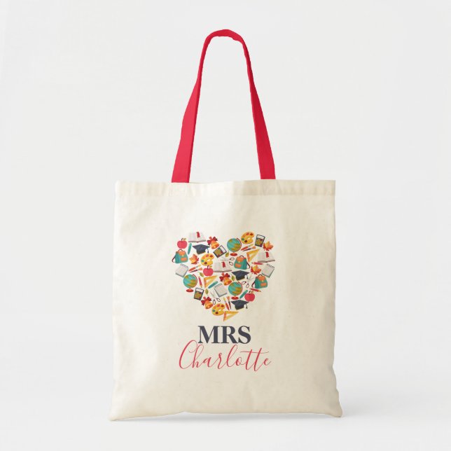 Modern Heart Teacher Typography Tote Bag (Front)