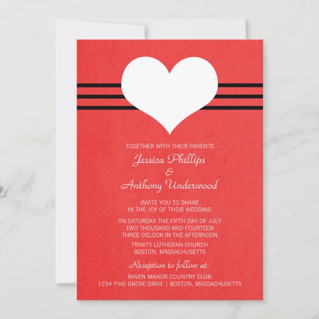Modern Heart Wedding Invite, Red Invitation (Front)