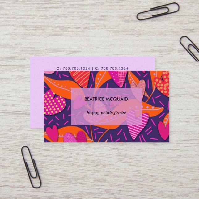Modern Hearts and Flowers Pattern Girly Business Card (Front/Back In Situ)