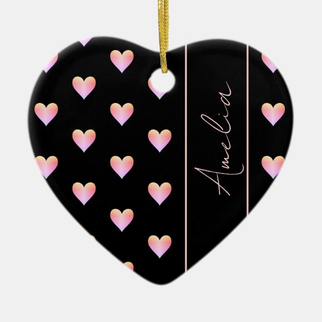 Modern Hearts Black Pink Personalised Heart Ceramic Tree Decoration (Front)
