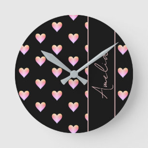 Modern Hearts Black Pink Personalised Round Clock
