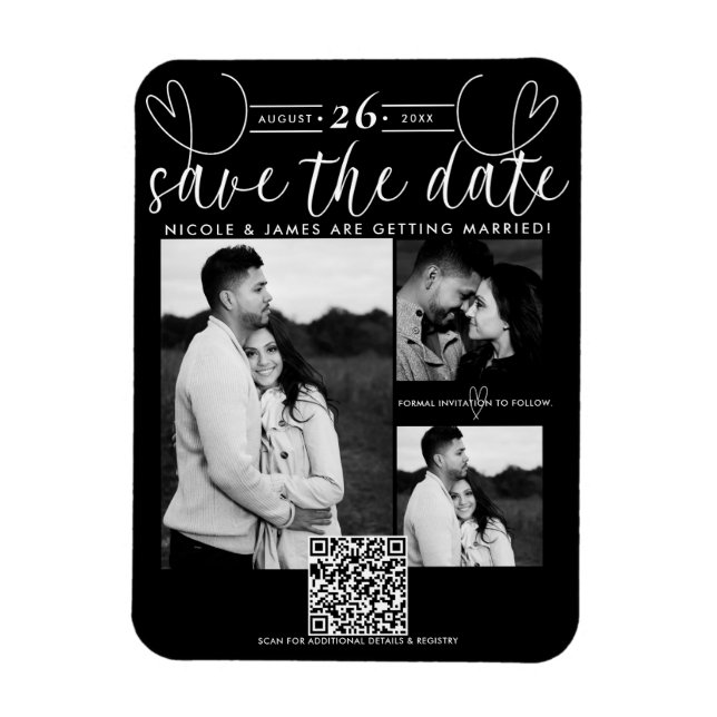 Modern Hearts Black & White Chic Save the Date Magnet (Vertical)