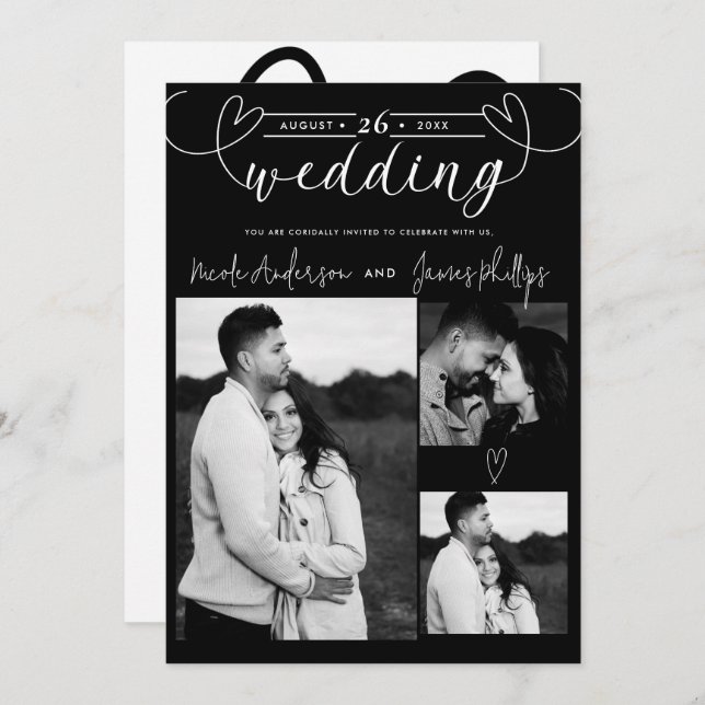 Modern Hearts Black & White Minimal Wedding (Front/Back)