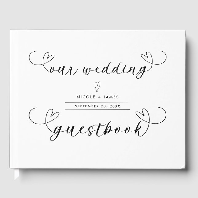 Modern Hearts Black & White Minimal Wedding Guest Book (Front)