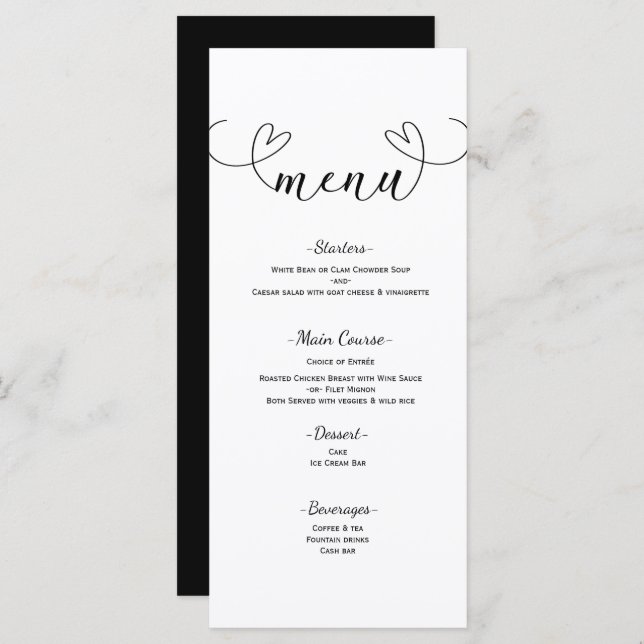 Modern Hearts Black & White Minimal Wedding Menu (Front/Back)