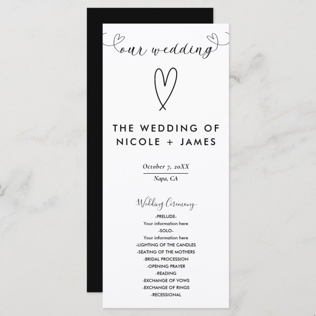 Modern Hearts Black & White Minimal Wedding Programme (Front/Back)