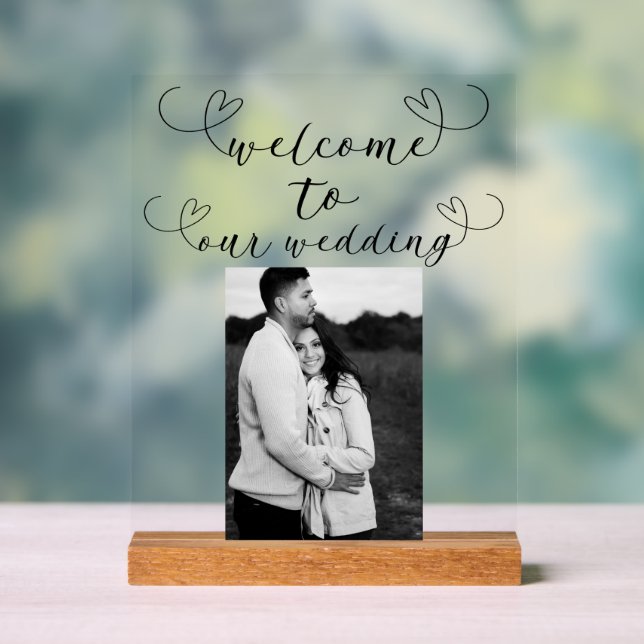 Modern Hearts Black White Minimal Wedding Welcome Acrylic Sign (Neutral)