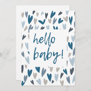 Modern Hearts Blue Boy Hello Baby Shower Invitation