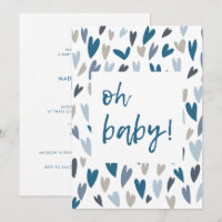 Modern Hearts Blue Boy Oh Baby Shower Invitation
